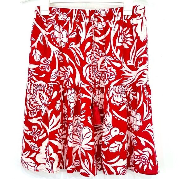 Knox Rose Red White Floral Bird Print Tassel Drawstring Tiered A Line Skirt - Picture 5 of 10